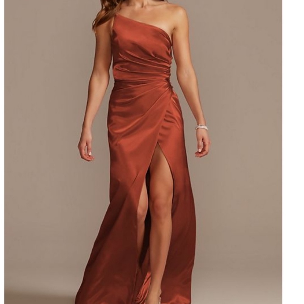 David's Bridal Dress | Charmeuse Draped One-Shoulder with Slit in Cinnamon